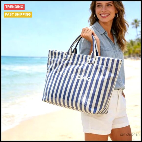 Clear PVC Tote Bag Waterproof Large Tote Beach Work Bag Trendy Striped - Picture 3 of 7